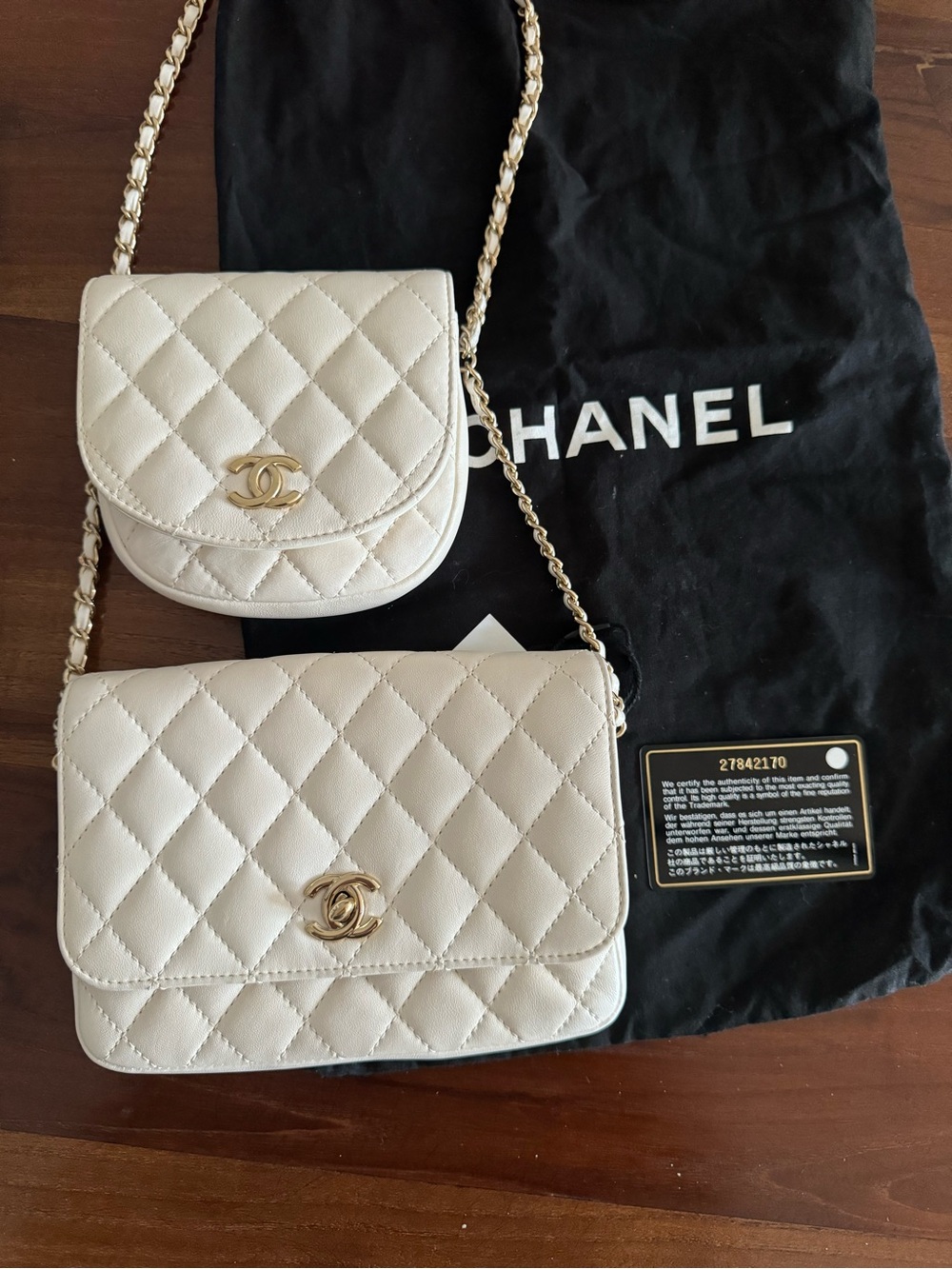 CHANEL Cream Quilted Double-Pouch Crossbody with Gold Chain in amazing condition